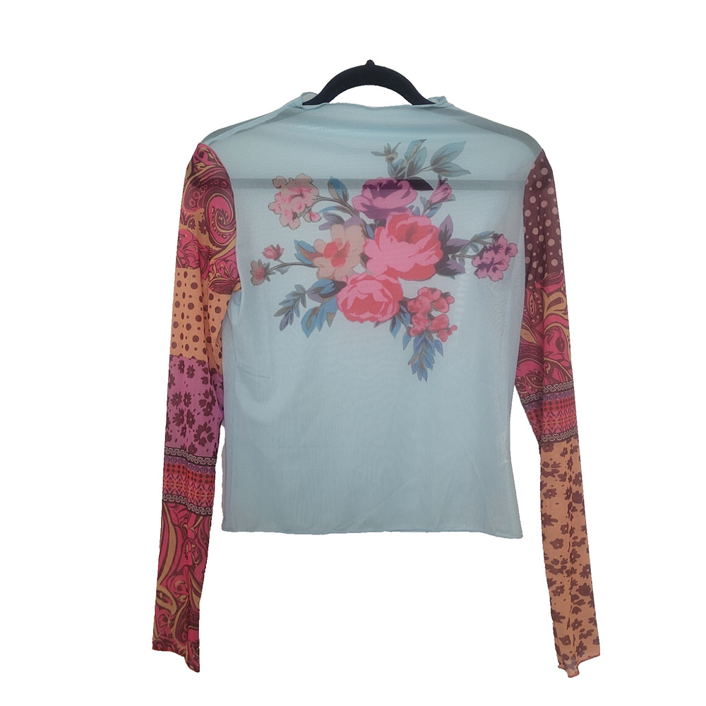 Floral Patchwork Mesh Long Sleeve Mock Neck Top Size L Blue Boho Whimsy Hippie